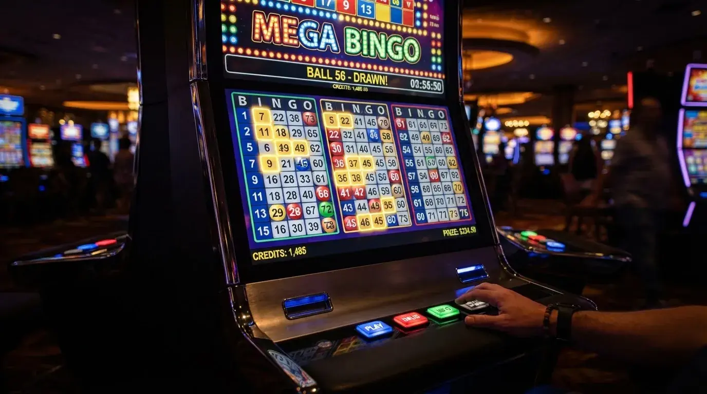 Ekran automatu do gry z kolorową planszą w stylu bingo i podświetlonymi liczbami