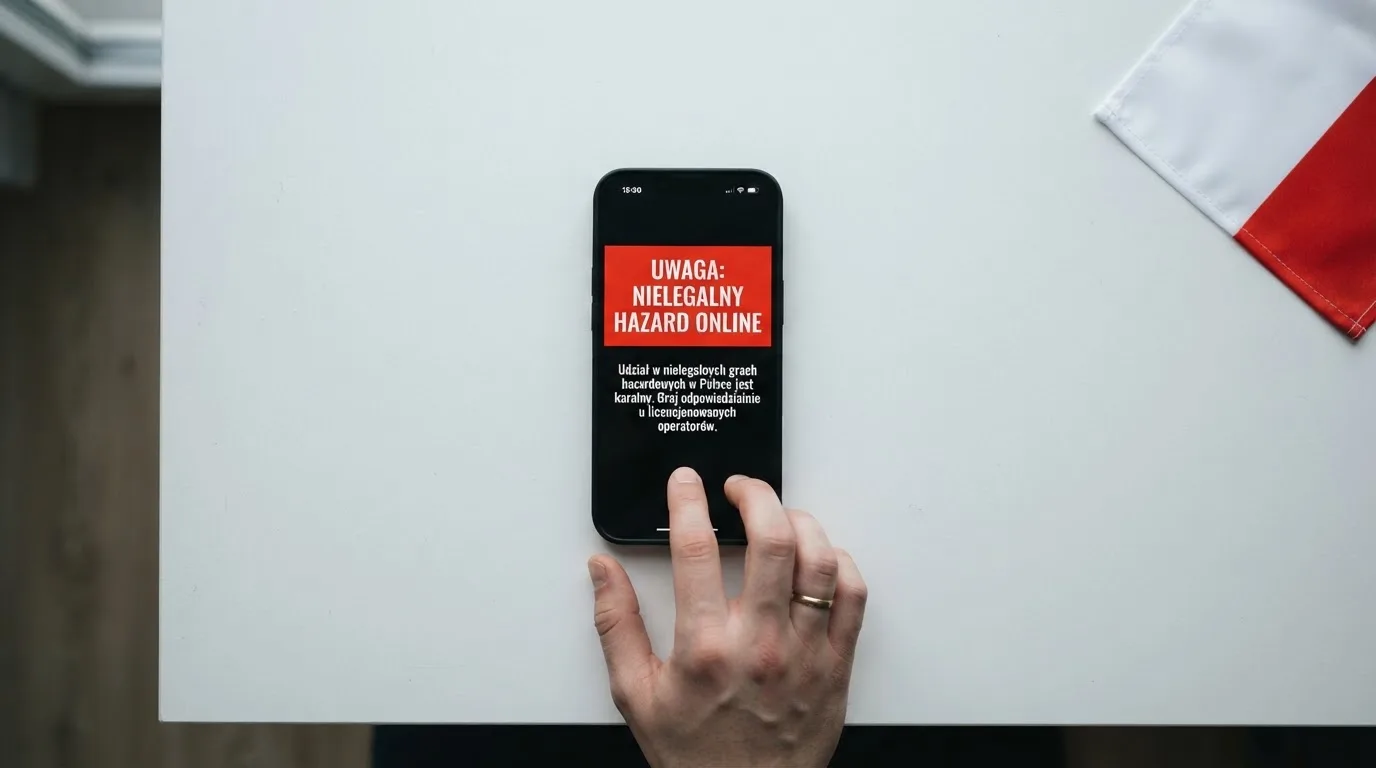 Dłoń trzymająca telefon z widocznym komunikatem ostrzegawczym o legalności hazardu online na tle biało-czerwonej flagi Polski.