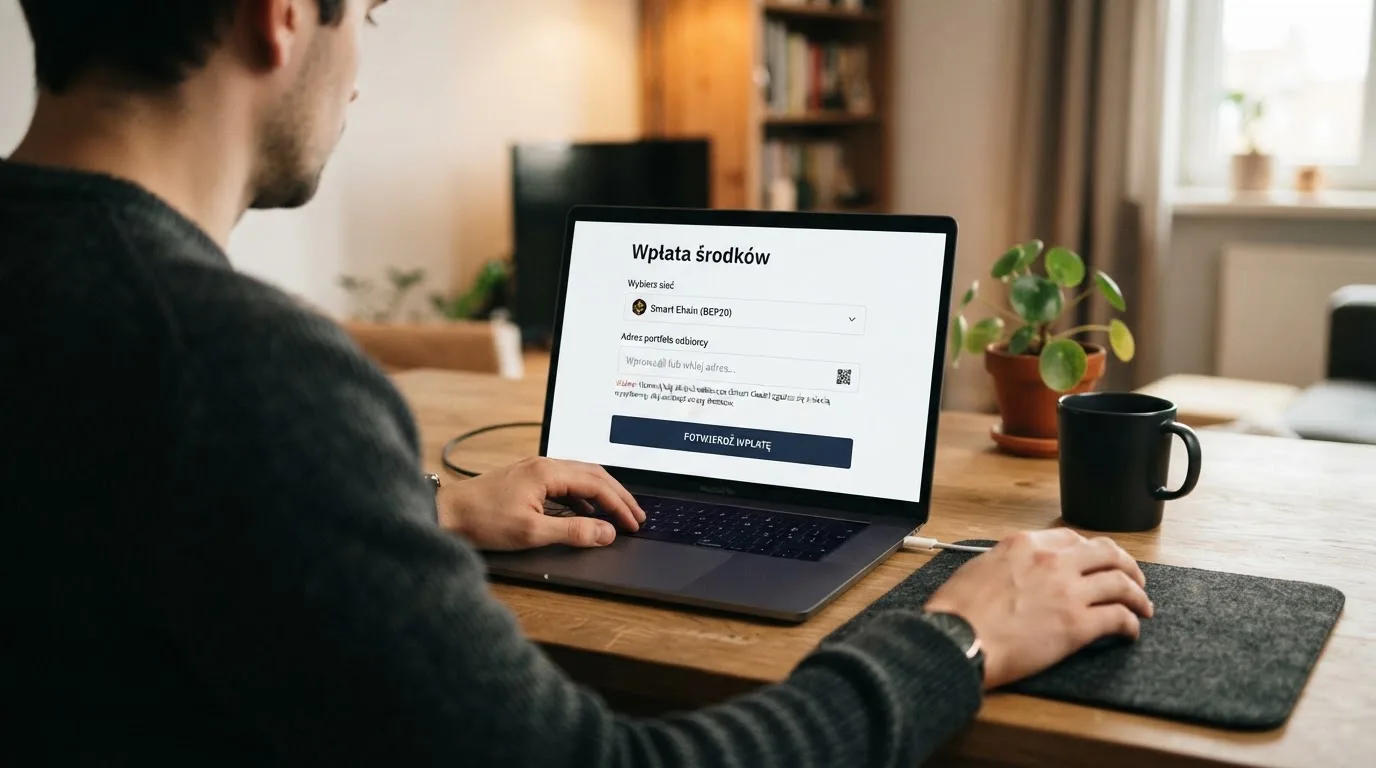 Zbliżenie na formularz wpłaty w kasynie online z polem na adres portfela kryptowalutowego BNB Smart Chain.