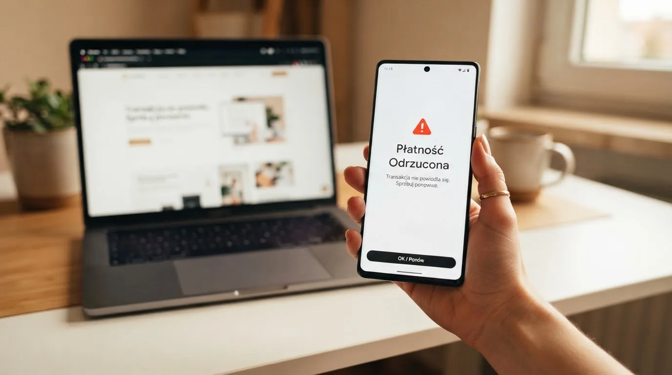 Dłoń trzymająca telefon z komunikatem o odrzuconej płatności BLIK na tle ekranu komputera