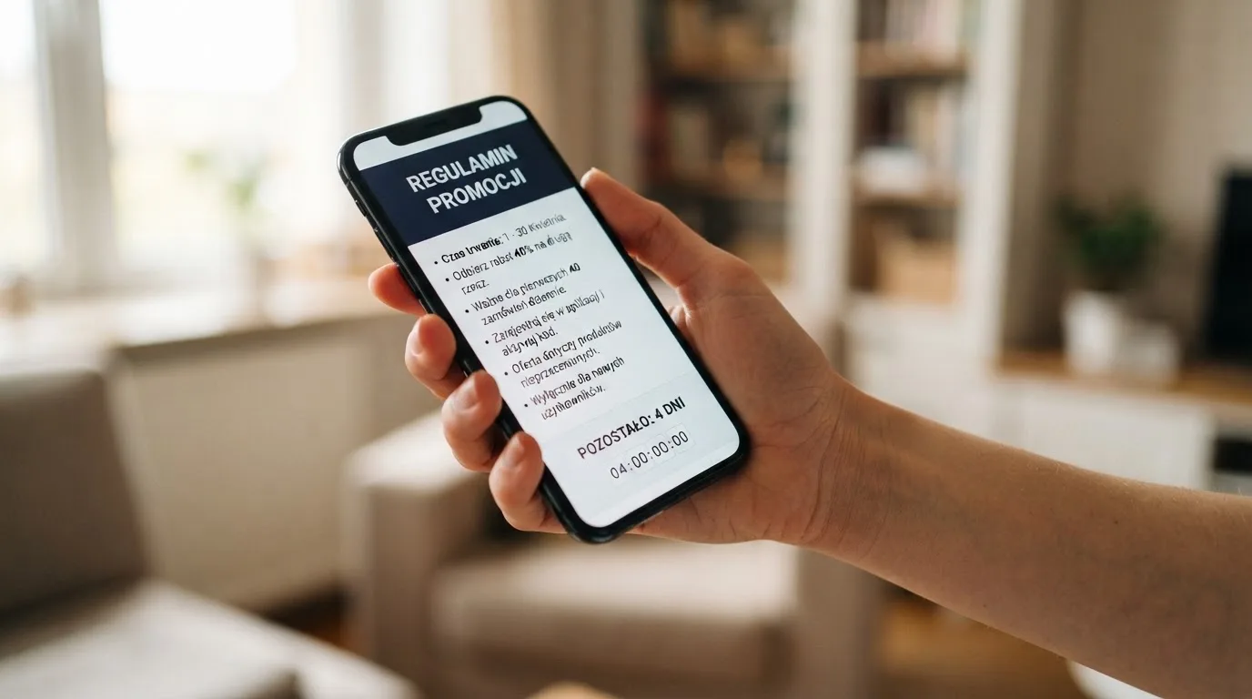 Zbliżenie na telefon z listą warunków promocji i licznikiem odliczającym dni do końca oferty