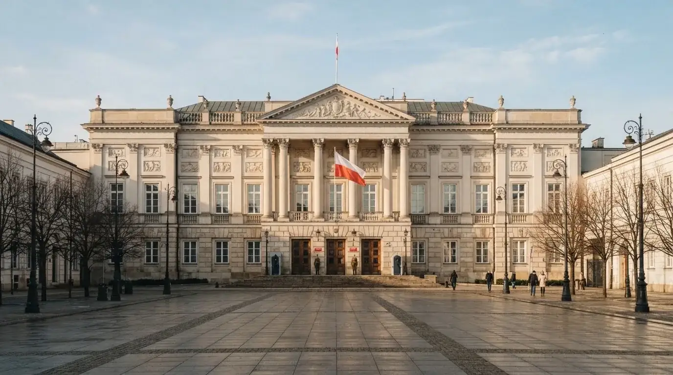 Fasada budynku instytucji państwowej z flagą Polski, symbol nadzoru regulatora nad rynkiem gier hazardowych