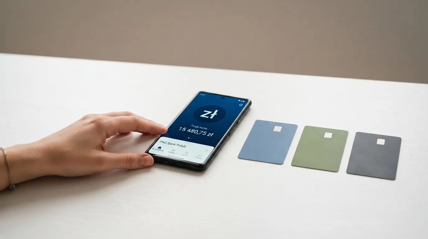 Ikony popularnych elektronicznych portfeli płatniczych obok telefonu z otwartą aplikacją bankową