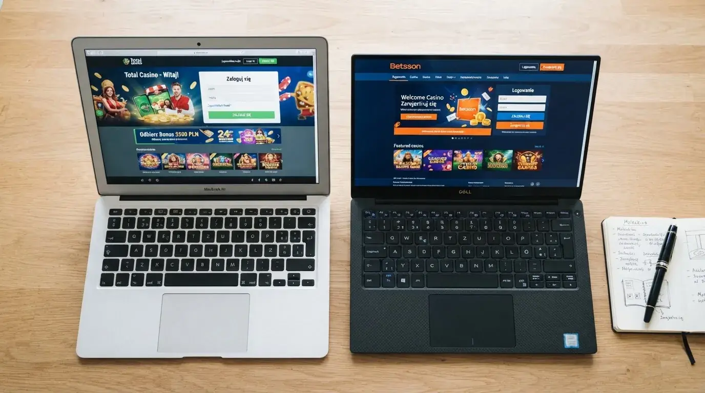 Dwa ekrany logowania kasyna online obok siebie na biurku, jeden z polskim interfejsem złotówkowym, symbolizujące porównanie dwóch różnych serwisów