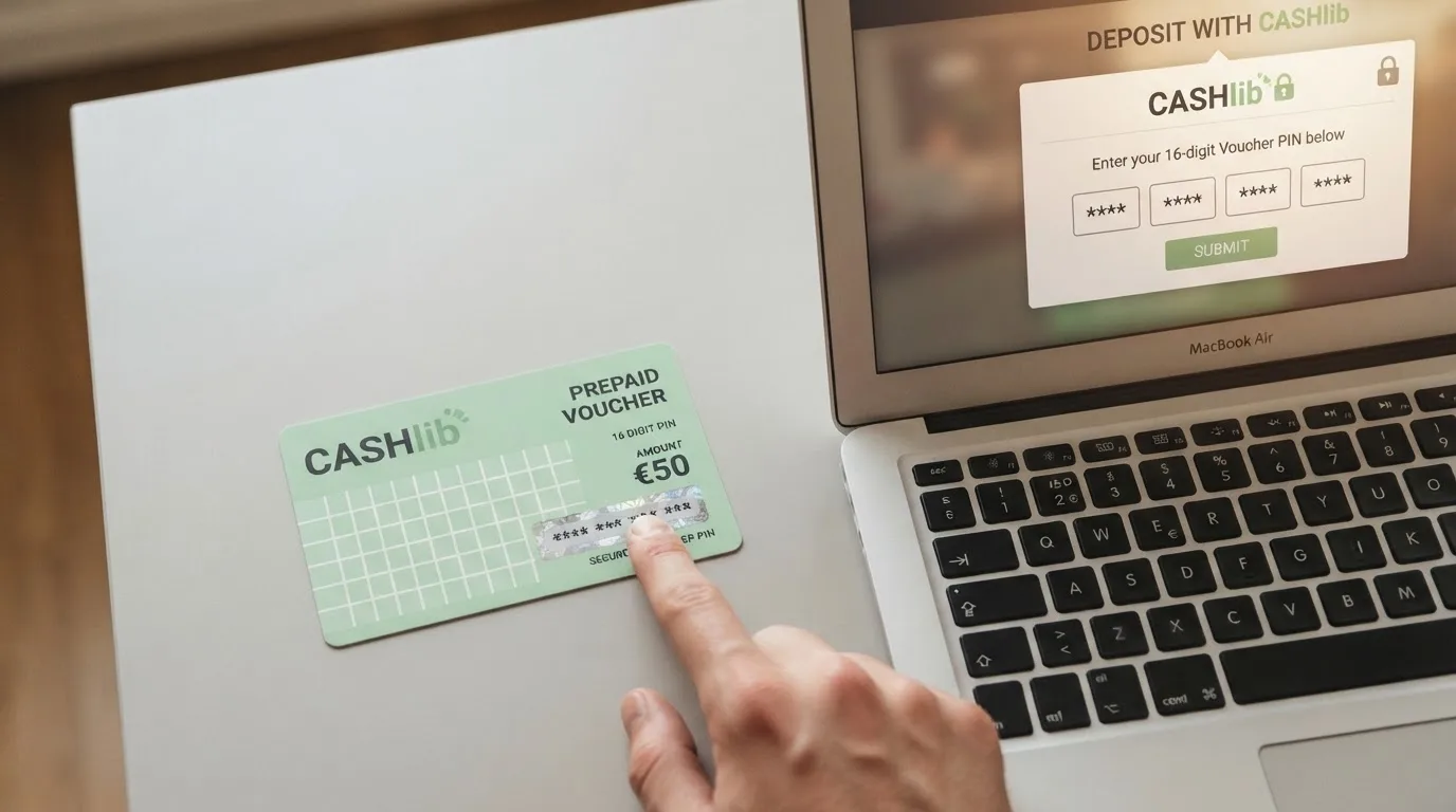 Karta przedpłacona Paysafecard z zasłoniętym polem kodu PIN obok klawiatury laptopa