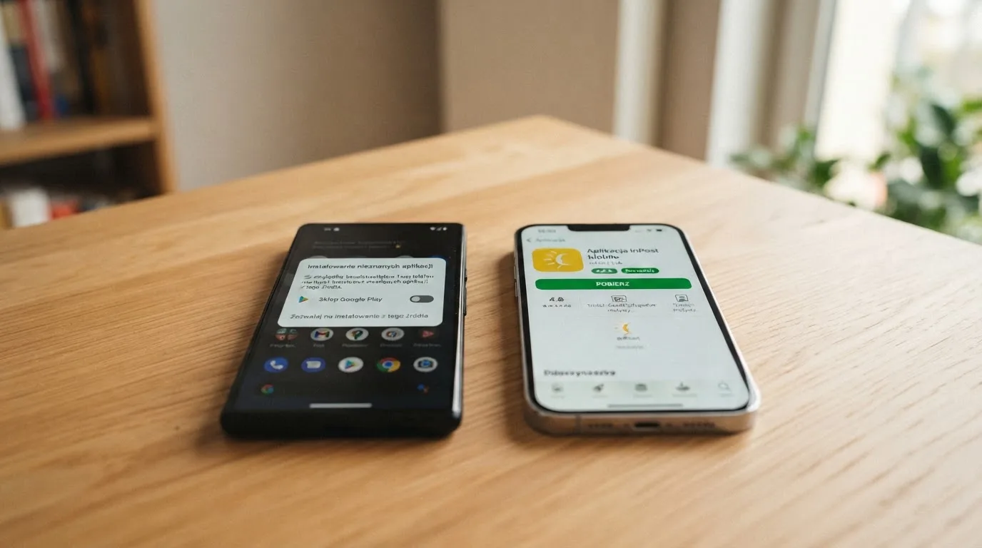 Dwa telefony obok siebie: na jednym komunikat zgody na instalację pliku APK z nieznanego źródła, na drugim strona aplikacji w sklepie z przyciskiem pobierania