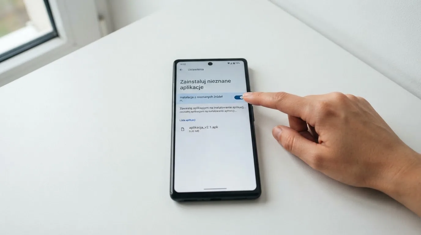 Ekran ustawień Androida z przełącznikiem zgody na instalację aplikacji z nieznanego źródła i pobranym plikiem instalacyjnym na liście
