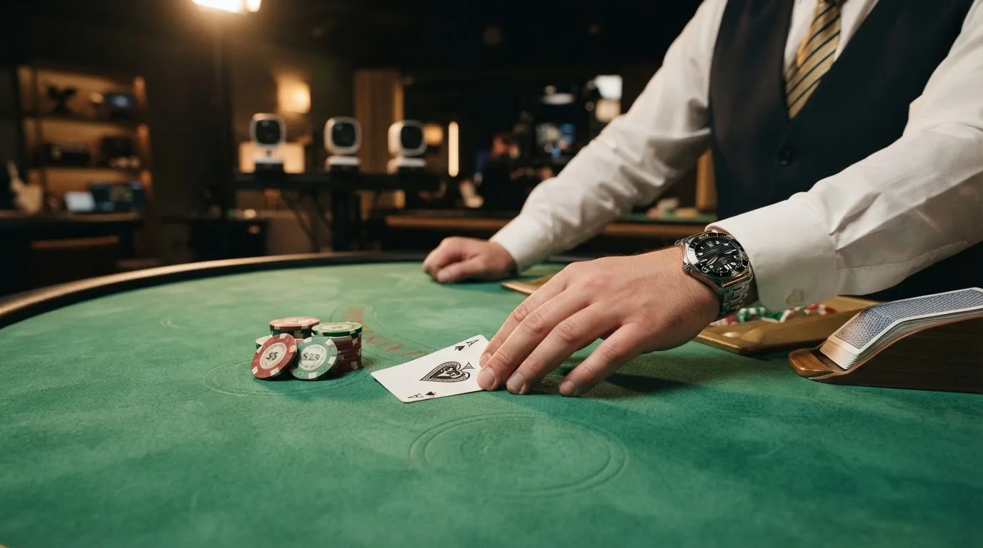 Krupier rozdający karty przy stole blackjacka podczas transmisji na żywo