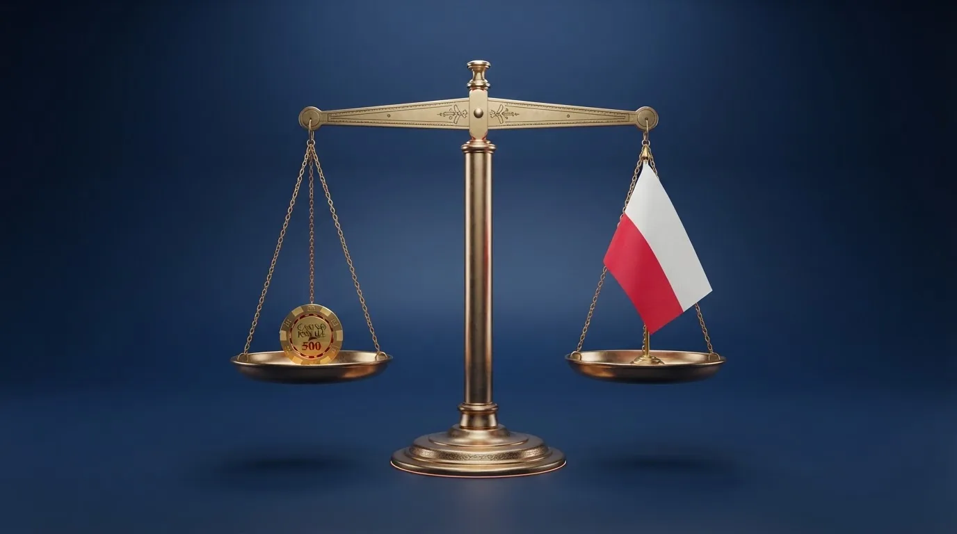 Ikona wagi sądowej obok symbolu kasyna, ilustrująca państwowy monopol na kasyno online w Polsce
