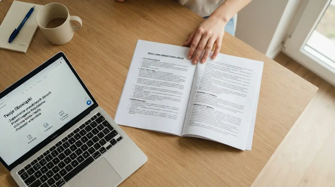 Dokument regulaminu operatora kasyna online rozłożony obok laptopa z otwartą stroną warunków gry