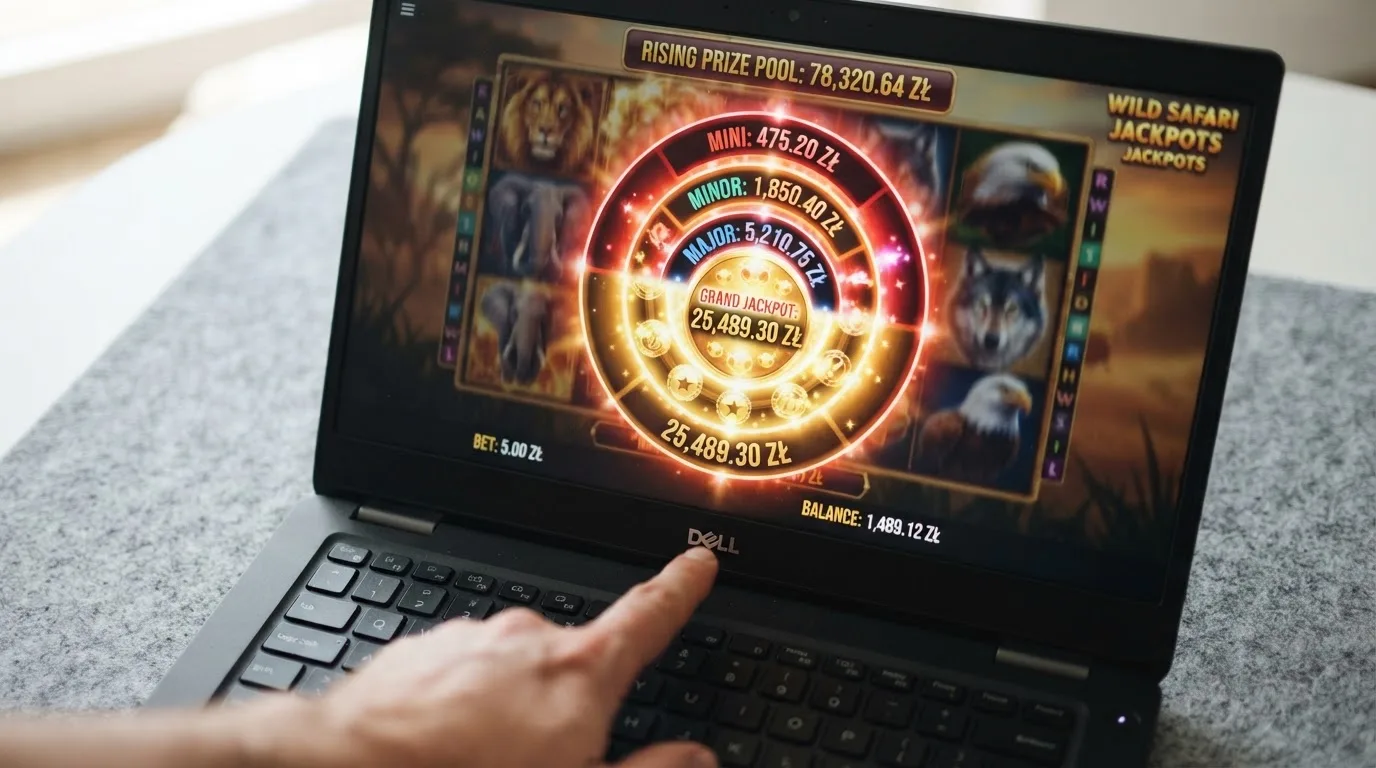 Kołowy wskaźnik jackpota z czterema poziomami nagród na ekranie automatu online, rosnąca pula w tle