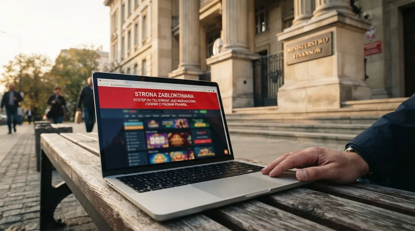 Budynek urzędu z tablicą ministerstwa, na pierwszym planie laptop z komunikatem o zablokowanej stronie kasyna