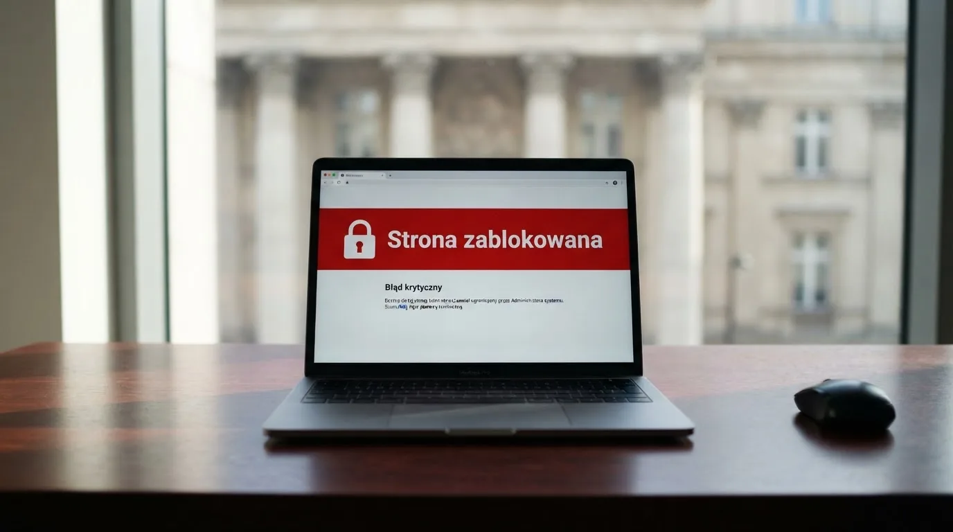 Laptop z komunikatem o zablokowanej stronie hazardowej, w tle budynek urzędu z tablicą ministerstwa