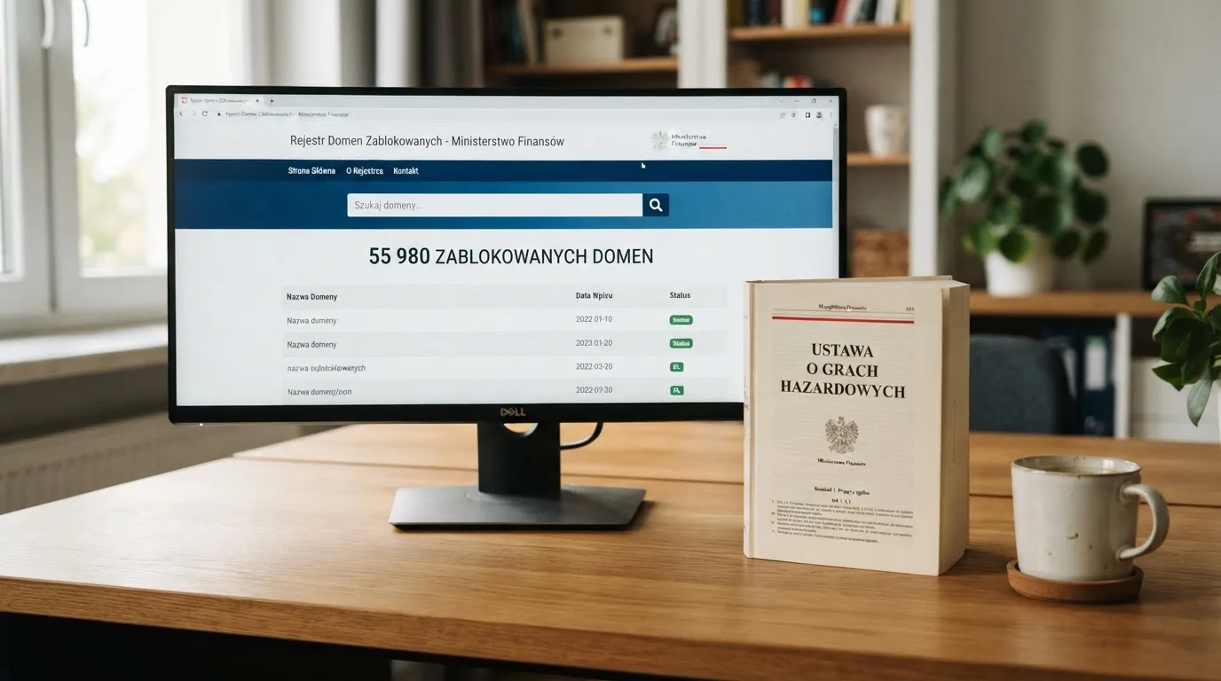 Monitor z otwartą publiczną wyszukiwarką rejestru zablokowanych domen hazardowych obok wydrukowanej ustawy o grach hazardowych