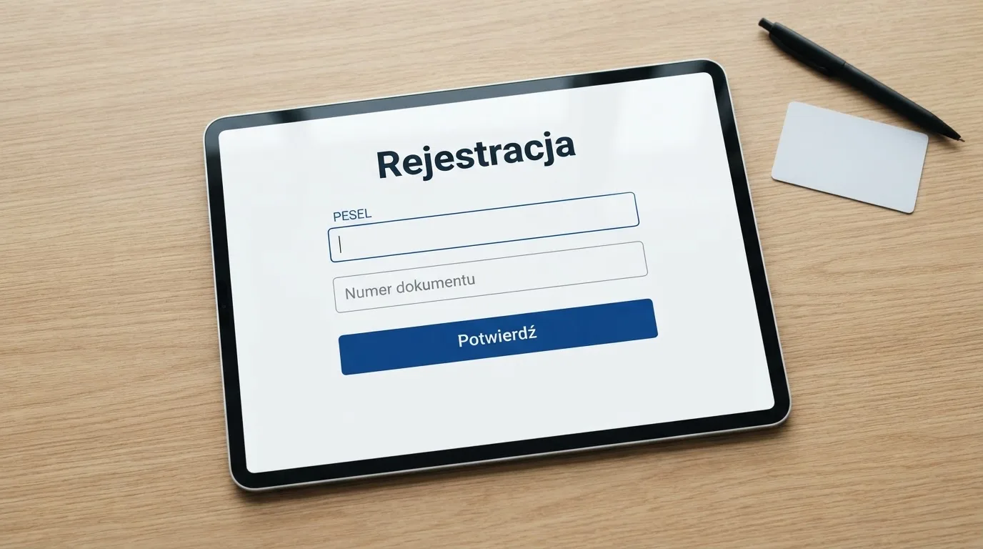 Formularz rejestracji konta gracza z polami na PESEL i numer dokumentu tożsamości na ekranie tabletu