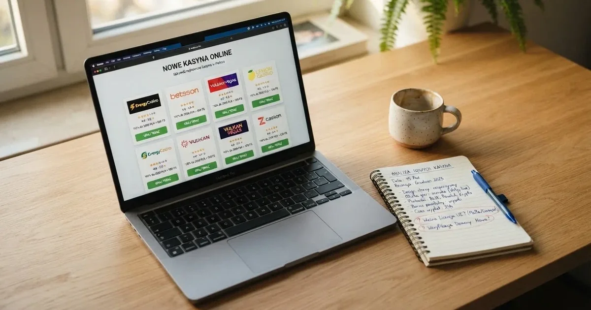 Laptop na biurku z listą nowych stron kasyn obok notatnika, w którym zaznaczono pytania o licencję i domenę