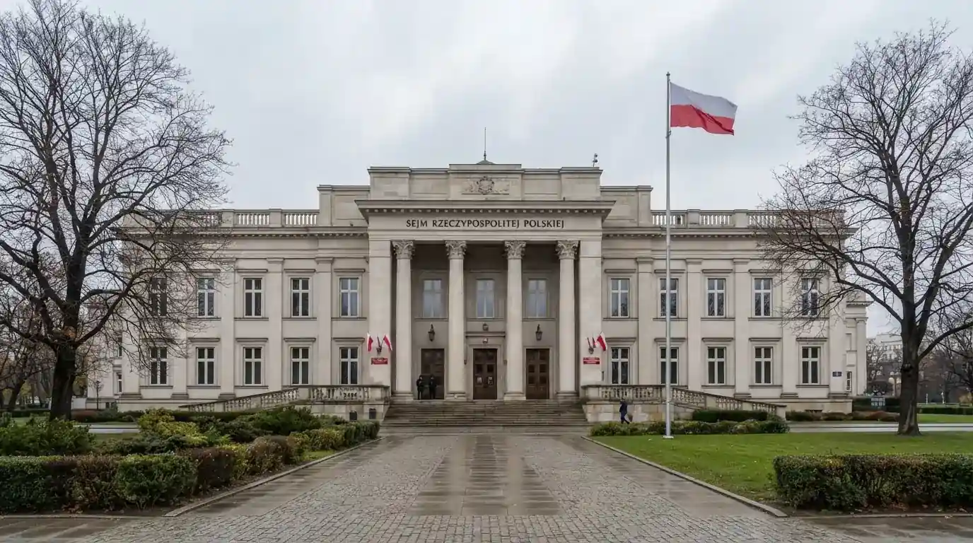 Budynek urzędu administracji państwowej z flagą Polski na maszcie w tle