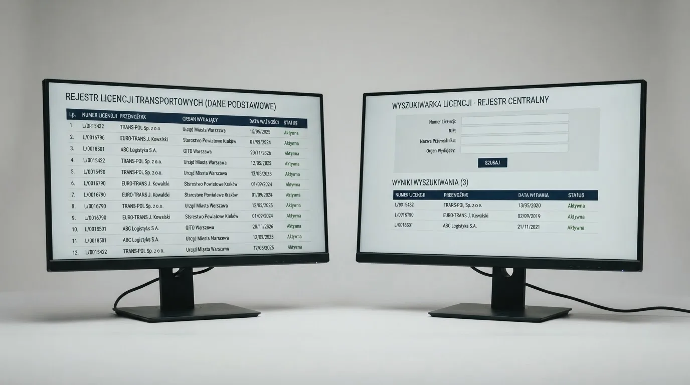 Dwa monitory, na jednym tabela z numerami licencji, na drugim rejestr regulatora otwarty w przeglądarce