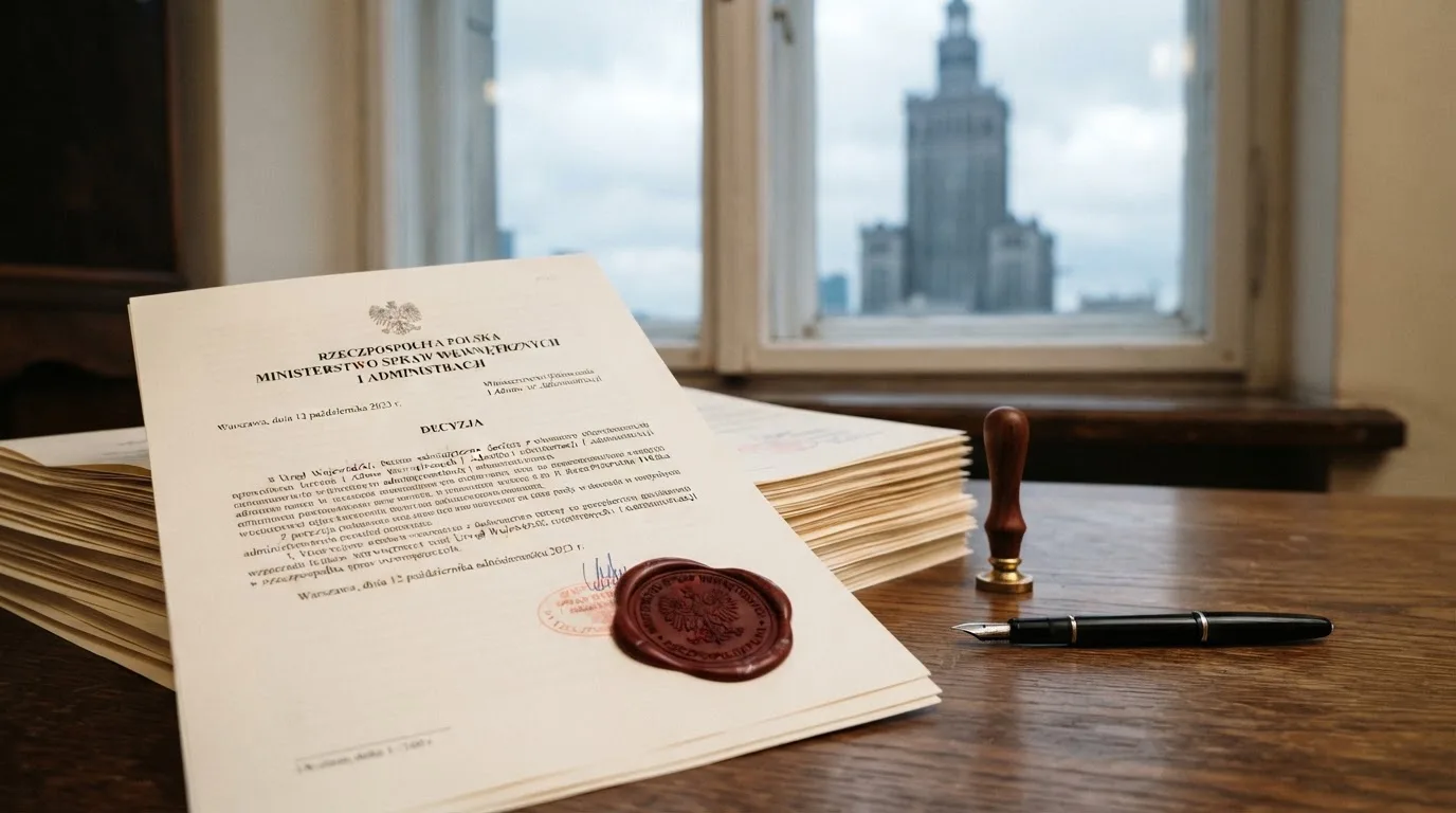 Stos dokumentów urzędowych i pieczęć na biurku, w tle sylwetka budynku administracji publicznej