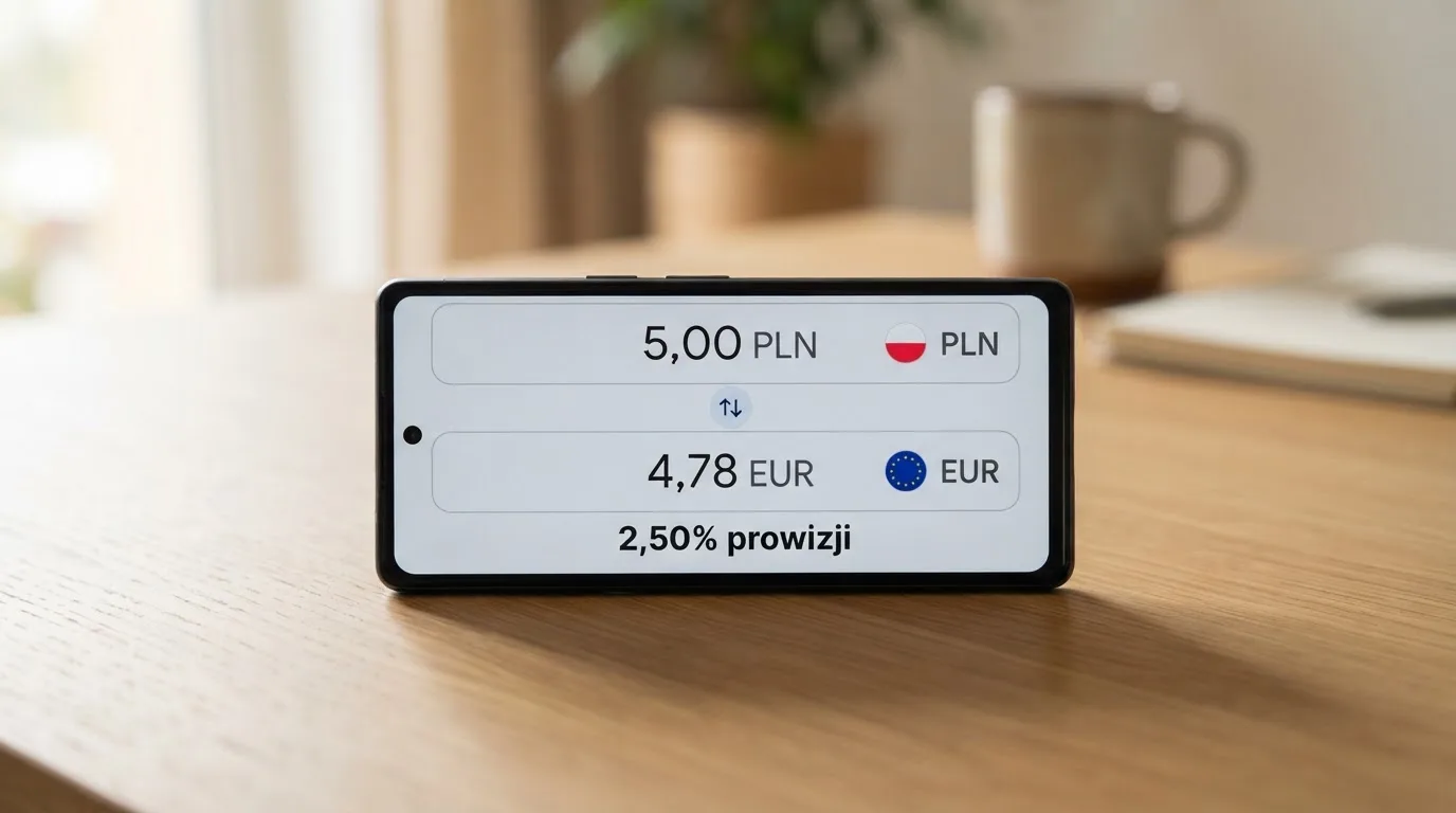 Kalkulator walutowy obok symbolu przeliczania kwoty płatności na ekranie smartfona