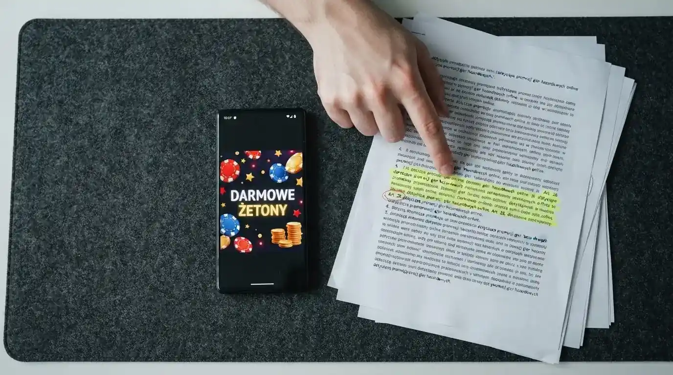 Telefon z banerem obiecującym darmowe złotówki za założenie konta, obok wydrukowany tekst ustawy o grach hazardowych z zaznaczonym artykułem