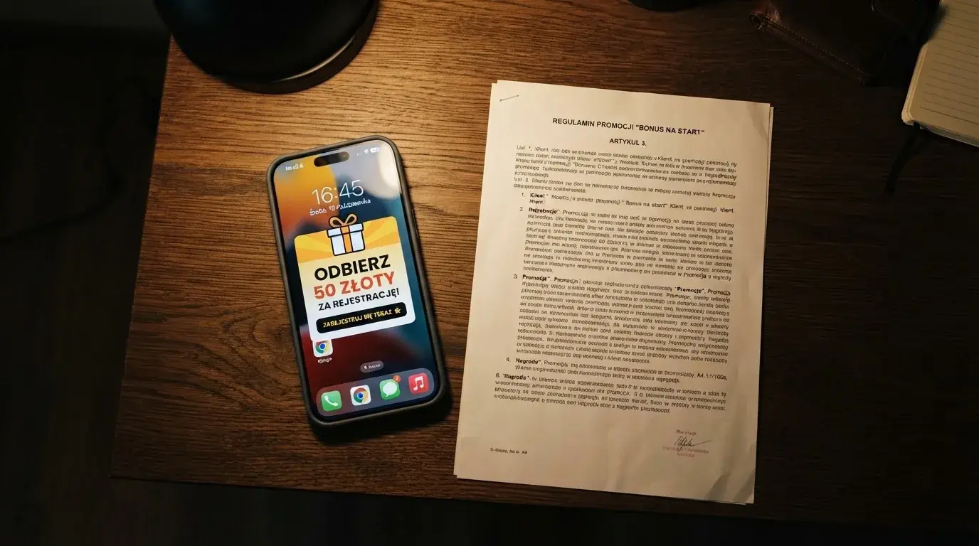 Telefon z wyskakującym banerem obiecującym darmowe złotówki za rejestrację, obok wydruk ustawy o grach hazardowych