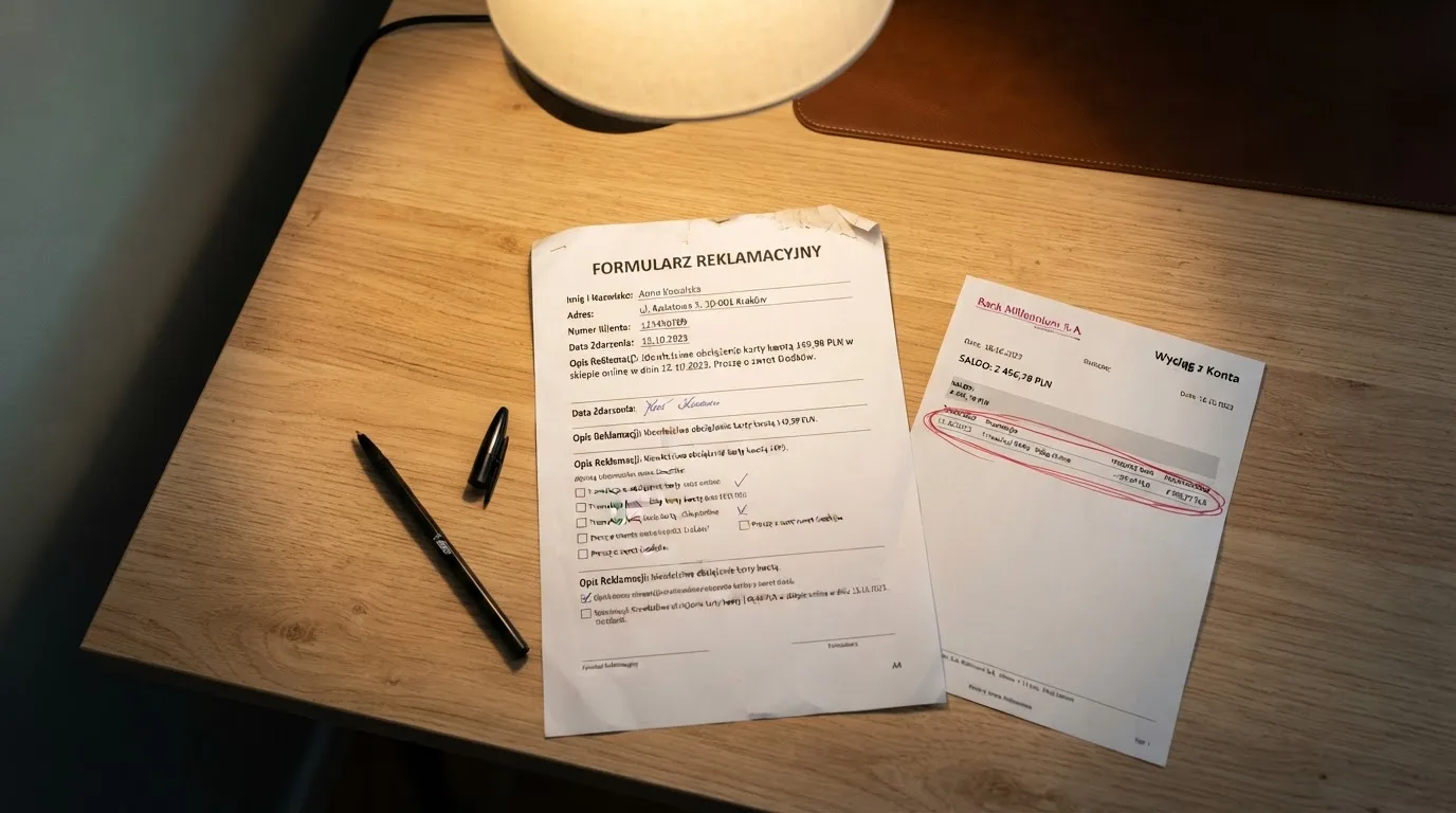 Wydrukowany formularz reklamacji leżący na biurku obok długopisu i wyciągu bankowego z zakreśloną pozycją