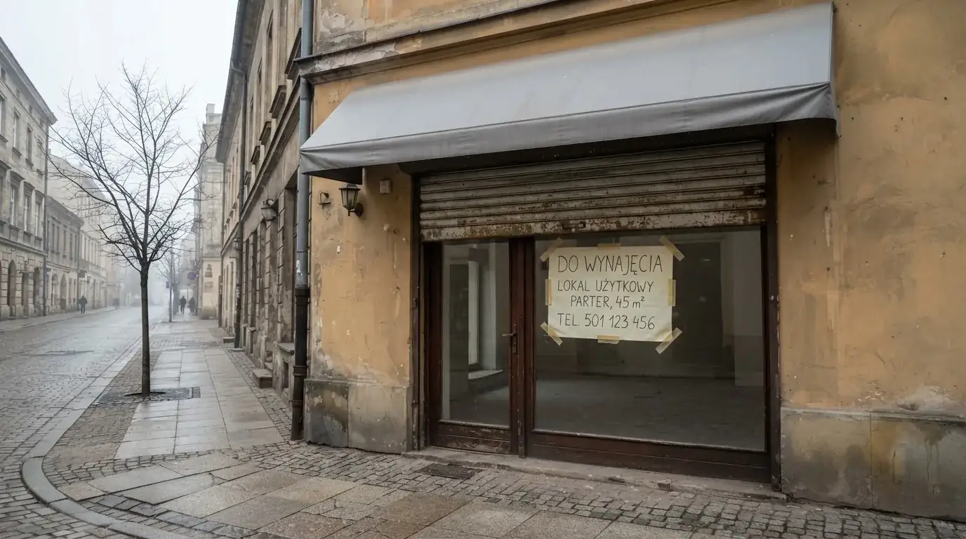 Pusty, zamknięty lokal handlowy z tabliczką „do wynajęcia”, symbolizujący brak działających salonów gry bingo pieniężne