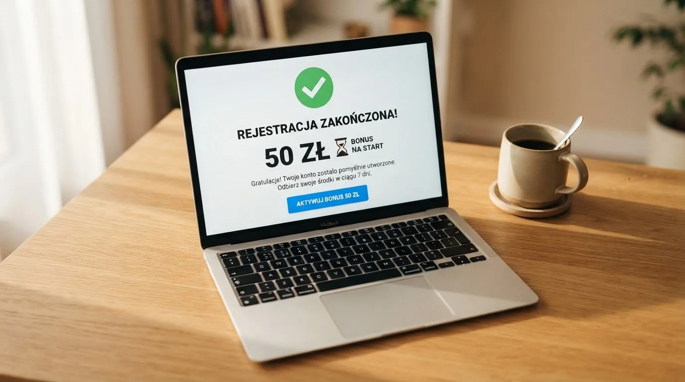 Ekran potwierdzenia założenia konta gracza w kasynie internetowym z komunikatem o bonusie startowym bez wpłaty