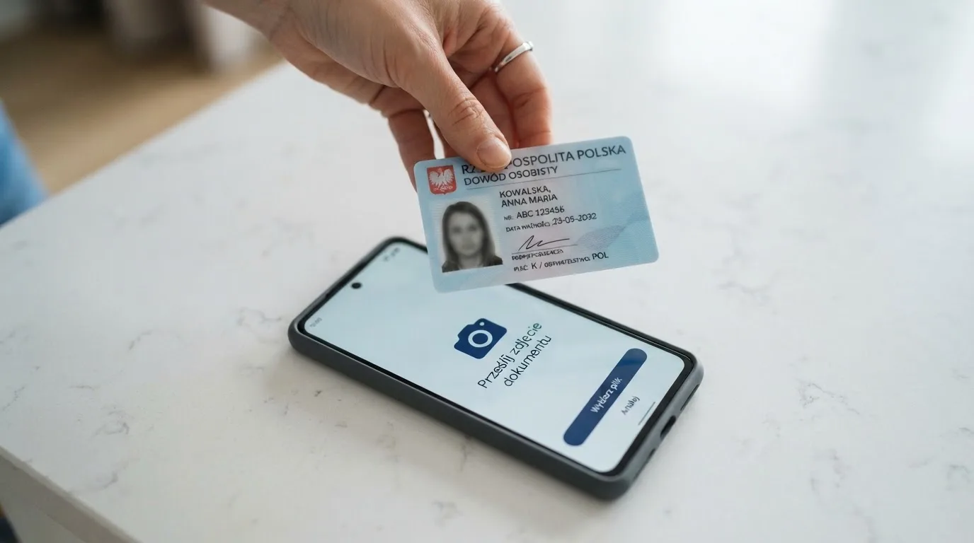 Dłoń trzymająca dowód osobisty nad smartfonem z otwartym formularzem przesyłania zdjęcia dokumentu